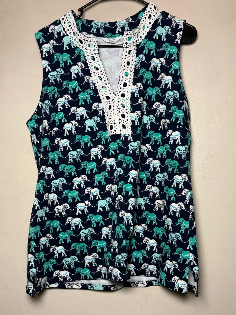 crown & ivy Navy Sleeveless Elephant Print Camisole with White Crochet V-Neck